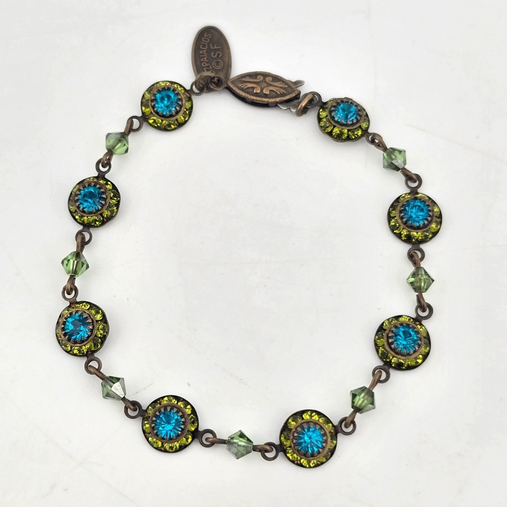 LIZ PALACIOS Swarovski Crystal Bronze Tone Blue & Green Bracelet 7"